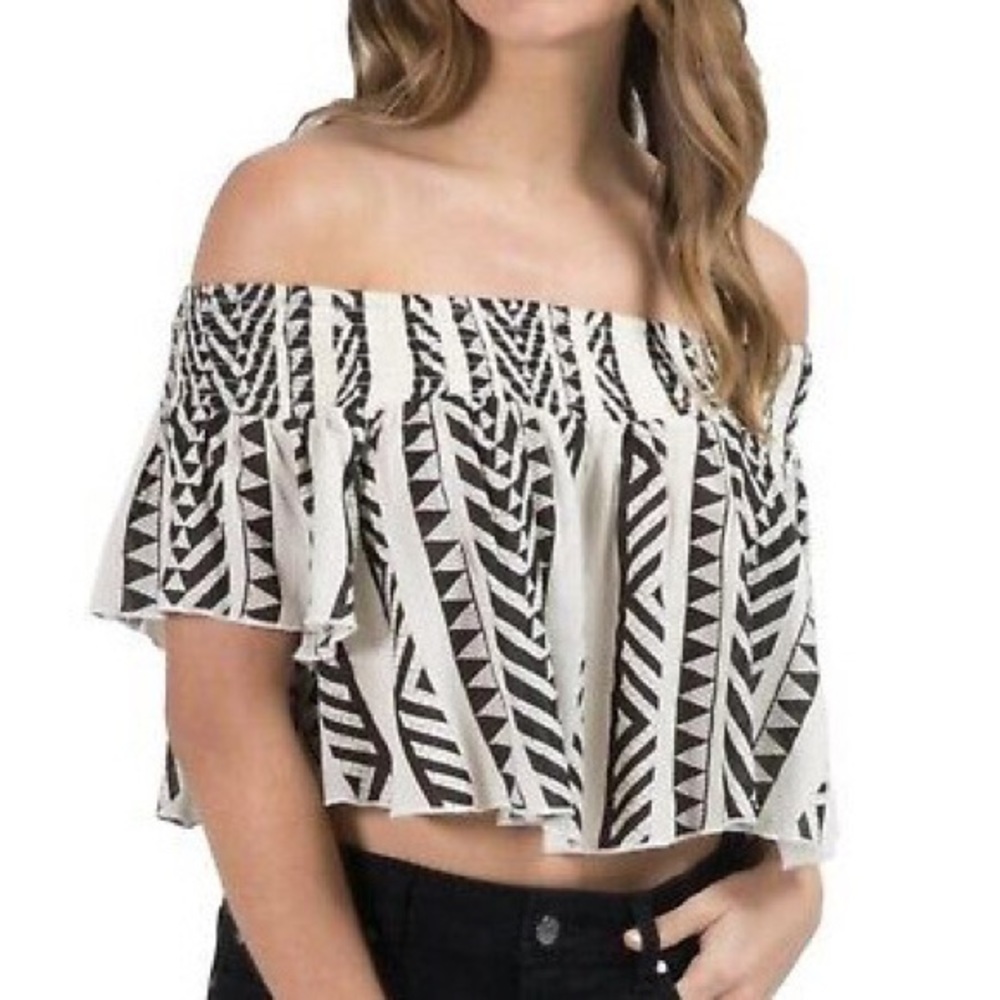 Elan Tribal Gauze Off The Shoulder Crop Top